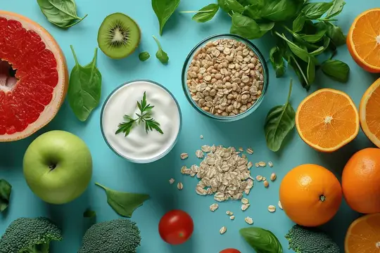 Свежие фрукты, овощи и злаки на бирюзовом фоне