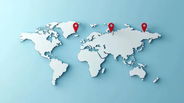 3D-рендер карты мира с красными геометками на континентах