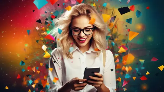 Смеющаяся блондинка в очках со смартфоном среди разноцветных фигур