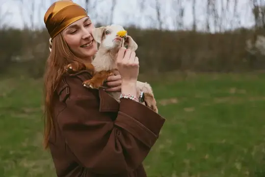 Молодая женщина в коричневом пальто и подходящем платке нежно держит козлёнка, улыбаясь и протягивая жёлтый цветок на зелёном поле с голыми деревьями на заднем плане