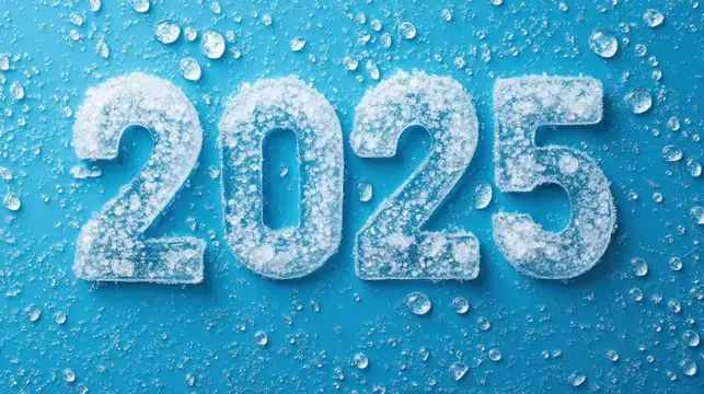 Ледяные цифры 2025 на синем фоне с каплями воды