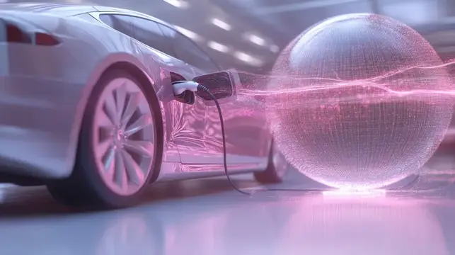 3D-рендер электромобиля, заряжающегося от светящейся розовой сферы