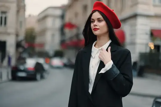 Модный женский портрет на улице на фоне города: женщина в стильной одежде, с красными губами и красным беретом