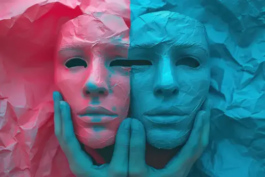 3D-рендер двух масок из мятой бумаги в розовом и синем цвете