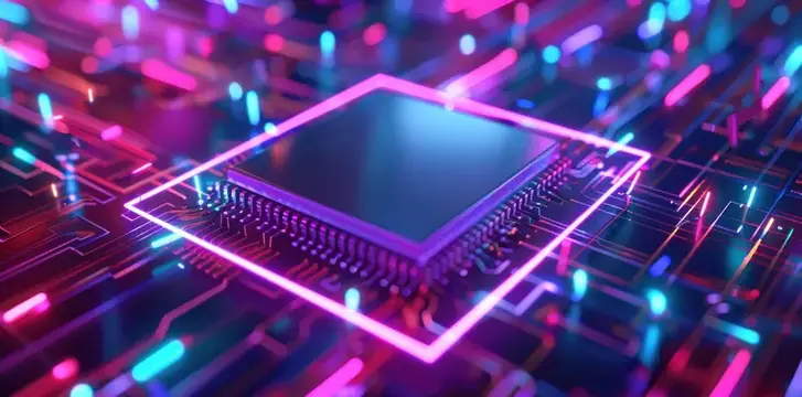 3D-рендер компьютерного чипа в неоновом свете на плате