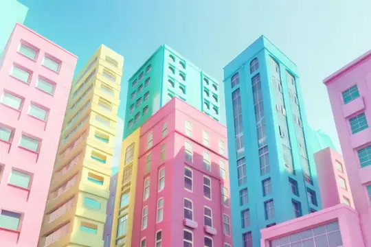 3D-рендер пастельных разноцветных многоэтажек под ясным небом