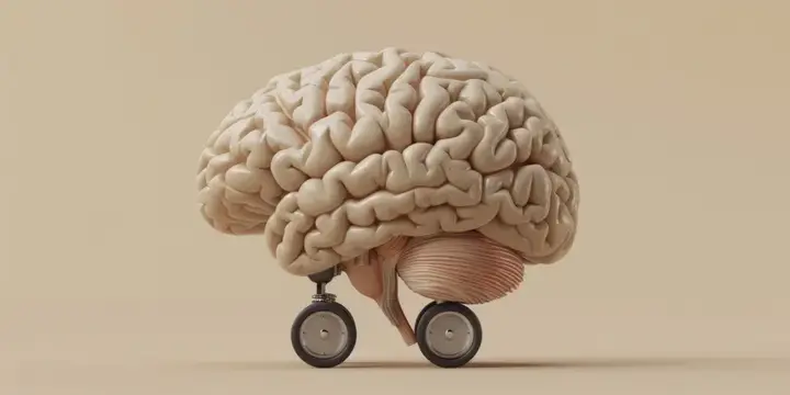 3D-рендер мозга на колёсиках на бежевом фоне