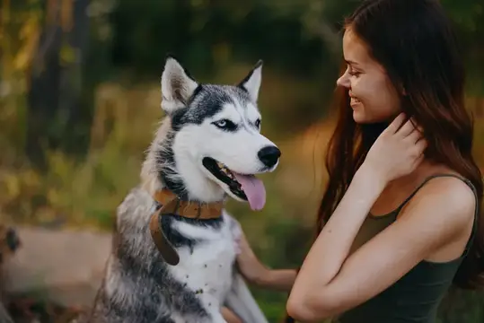 Улыбающаяся девушка с хаски в ошейнике на прогулке в лесу