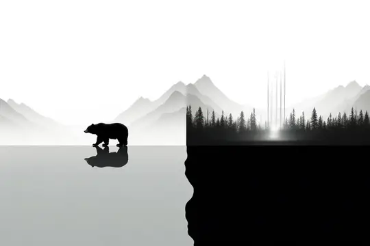 Иллюстрация с медведем и лесом на фоне гор
