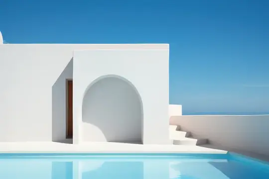 3D-рендер белого дома с аркой и бассейном