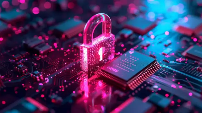 3D-рендер с неоновым замком на микросхеме