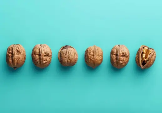 Ассорти грецких орехов, расположенных на ярком бирюзовом фоне, некоторые целые, другие расколотые, подчеркивающие их питательное содержание и пользу для здоровья