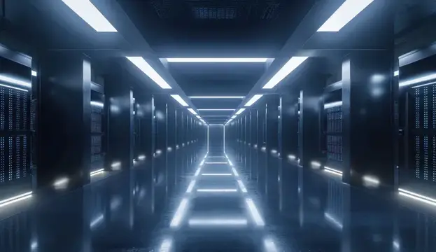 3D-рендер футуристического коридора дата-центра с подсвеченными серверными стойками
