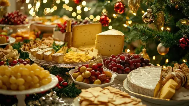 Красиво сервированный праздничный стол с ассортиментом сыров, винограда и вкусных закусок, создающий тёплую и приглашающую праздничную атмосферу