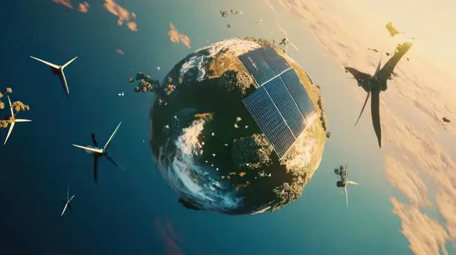 3D-рендер планеты Земля с солнечными панелями и ветряками