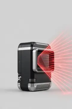 3D-рендер ретро-камеры с красными лазерными лучами