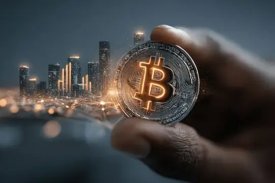 Атмосферное и техническое настроение подчеркивает инновации, безопасность и потенциальный рост на рынках цифровых валют с тонким свечением и стеклянным городским фоном