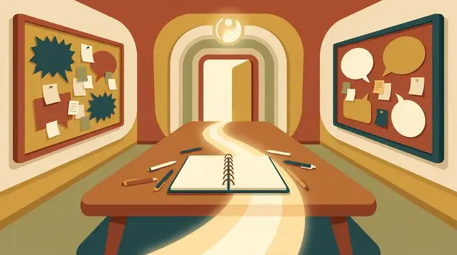 Ретро-иллюстрация обстановки переговорной комнаты, которая намекает на общение, посредничество и достижение соглашения