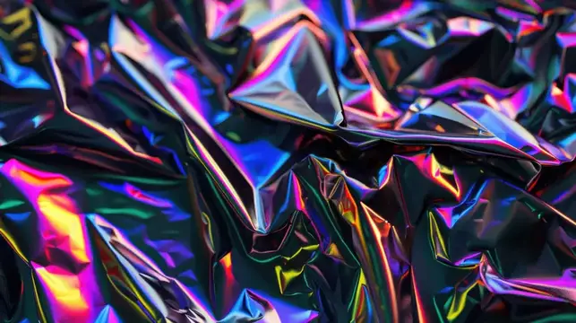 Разноцветная голографическая фольга с блестящей, текстурированной поверхностью, создающая яркий и динамичный визуальный эффект