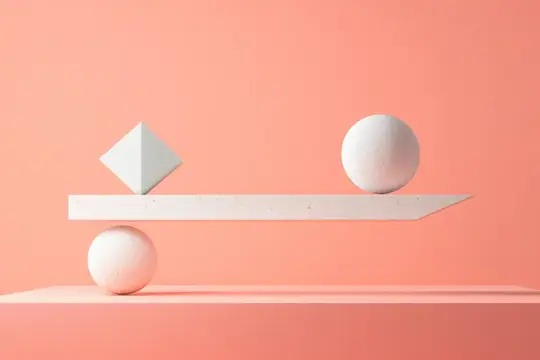 3D-рендер с балансирующими белыми геометрическими фигурами на персиковом фоне