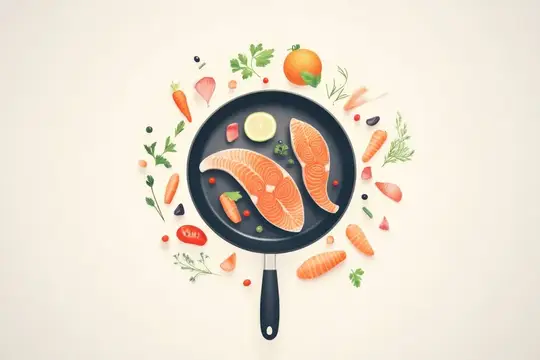 Иллюстрация сковороды с лососем и овощами на светлом фоне