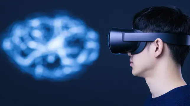 Молодой азиатский мужчина в VR-очках смотрит на парящий мозг