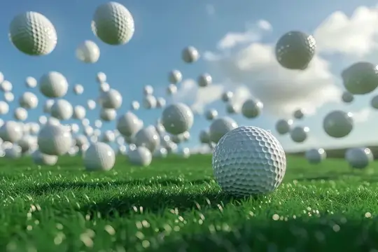 3D-рендер с множеством парящих мячей для гольфа над травой