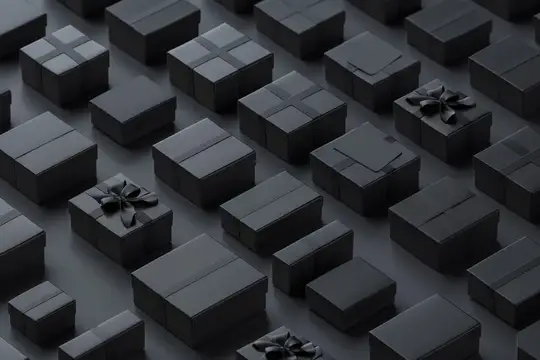 3D-рендер множества чёрных подарочных коробок с бантами