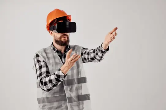 Бородатый мужчина в каске и VR-очках жестикулирует на сером фоне