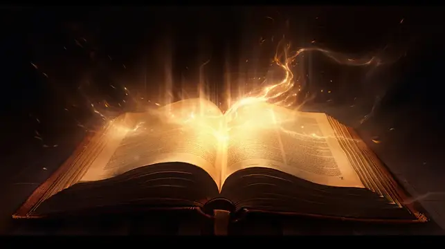 Раскрытая магическая книга с сиянием и искрами в темноте