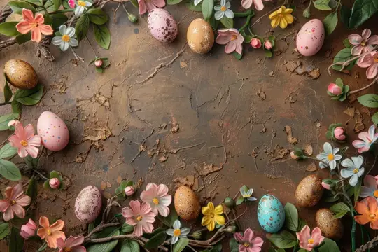 Композиция из разноцветных пасхальных яиц и цветов на деревенском фоне с местом для текста