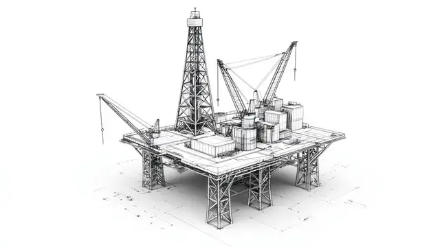 Монохромная иллюстрация морской нефтяной буровой платформы с замысловатыми деталями, отражающая темы энергетики и промышленности в техническом стиле