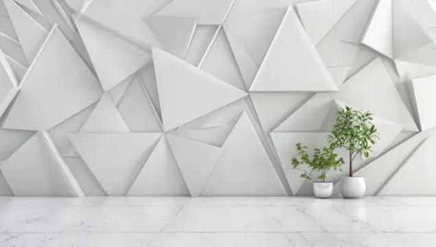 3D-рендер белой геометрической стены с двумя растениями в горшках