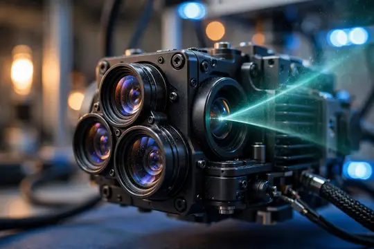 3D-рендер многообъективной камеры с зелёным лазерным лучом