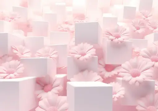 3D-рендер с белыми кубами и розовыми цветами в мягком свете