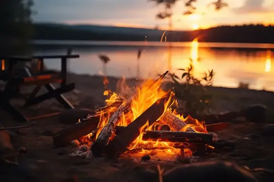 Яркий костёр горит на берегу озера на закате