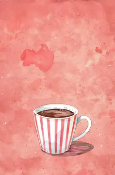 Иллюстрация с чашкой кофе в полоску на розовом фоне