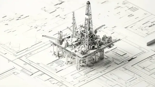 3D-рендер нефтяной платформы на фоне чертежей