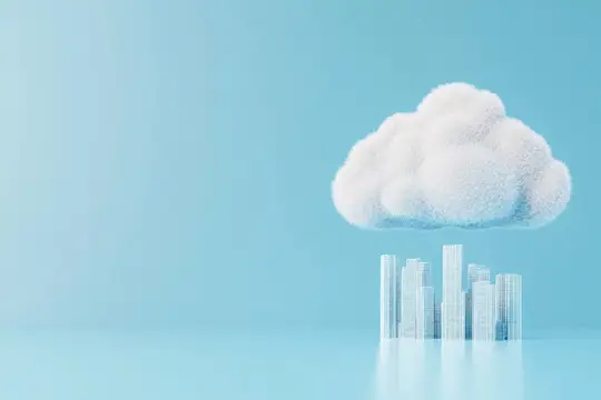 3D-рендер облака над стеклянными небоскрёбами на голубом фоне