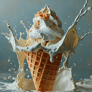 Вкусное летнее лакомство: аппетитный рожок вкусного мороженого на хрустящем вафельном рожке — холодное освежение на белом фоне, вертикальный крупный план