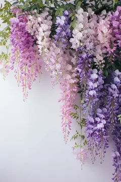 Розовые и фиолетовые гроздья глицинии свисают на белом фоне
