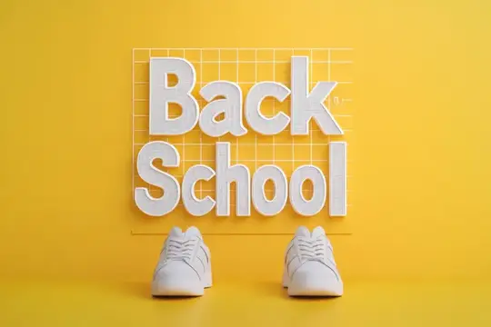 3D-рендер с надписью Back to School и белыми кроссовками на жёлтом фоне