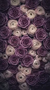 Фронтальный цветочный гобелен из роз цвета mauve и кремовых лютиков в темной винтажной палитре