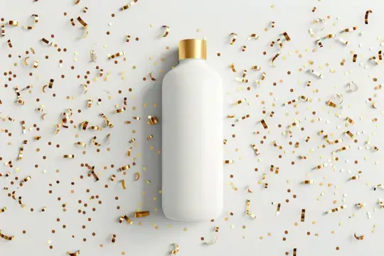 Белая бутылка с золотой крышкой среди золотого конфетти