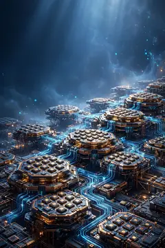 3D-рендер футуристического города с светящимися голубыми каналами