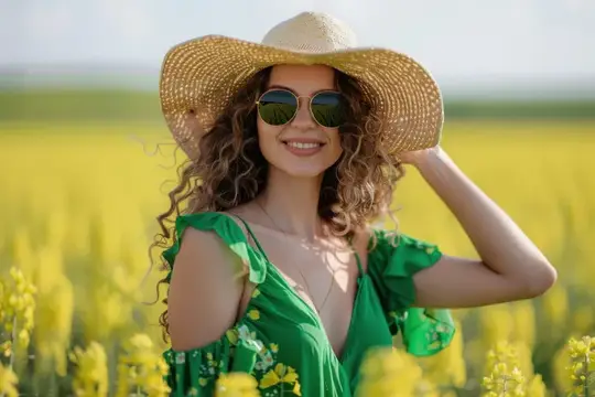 Улыбающаяся кудрявая девушка в соломенной шляпе и очках на жёлтом поле