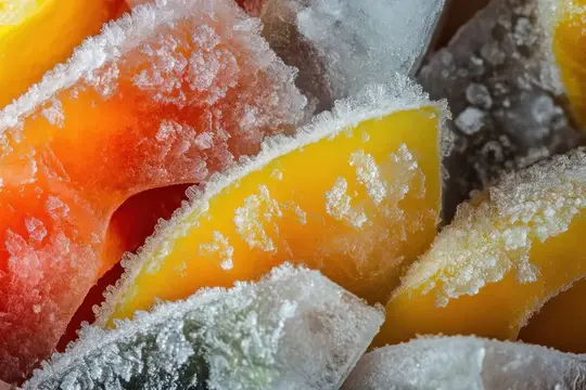 Кусочки ярких замороженных фруктов покрыты ледяными кристаллами