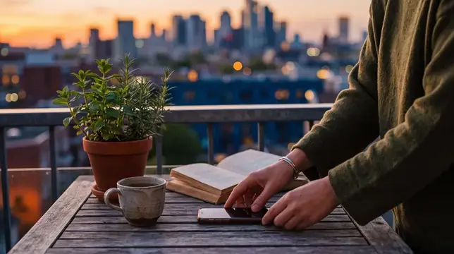 Руки мужчины с телефоном на балконе с книгой и кофе на закате