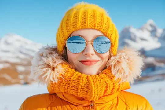 Улыбающаяся девушка в жёлтой шапке и круглых очках на фоне снежных гор