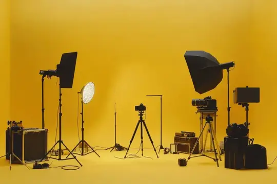 Фотостудия с осветительным оборудованием и камерами на жёлтом фоне